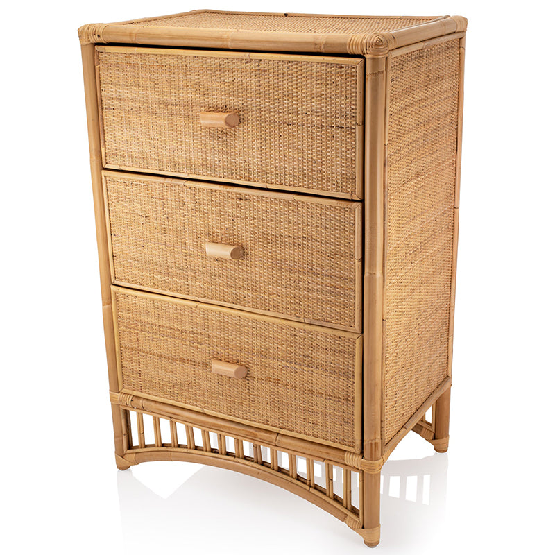 Meuble de rangement contemporain bohème en rotin naturel et bois - meuble de rangement rectangulaire à 3 tiroirs en rotin indonésien tissé à la main pour salon 