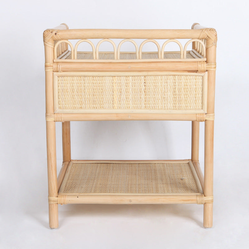 Contemporary Coastal Natural Rattan Handwoven Indonesian Rattan Nightstand - Rectangular Curved Drawer &amp; Open Shelf For Bedroom