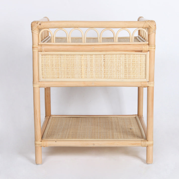 Contemporary Coastal Natural Rattan Handwoven Indonesian Rattan Nightstand - Rectangular Curved Drawer &amp; Open Shelf For Bedroom
