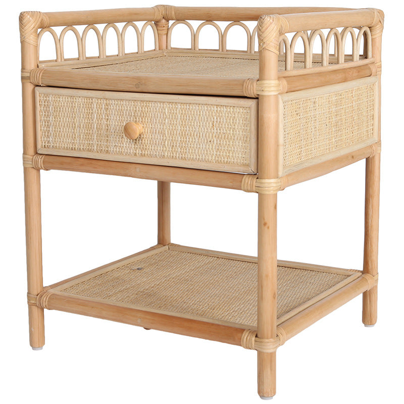 Contemporary Coastal Natural Rattan Handwoven Indonesian Rattan Nightstand - Rectangular Curved Drawer &amp; Open Shelf For Bedroom