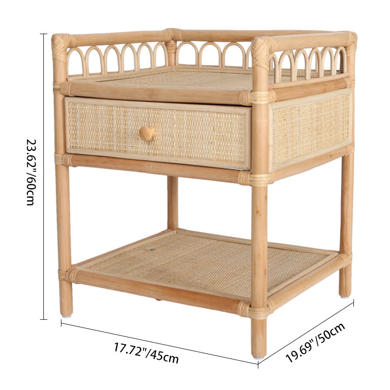 Contemporary Coastal Natural Rattan Handwoven Indonesian Rattan Nightstand - Rectangular Curved Drawer &amp; Open Shelf For Bedroom
