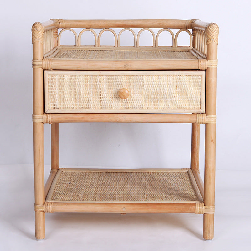Contemporary Coastal Natural Rattan Handwoven Indonesian Rattan Nightstand - Rectangular Curved Drawer &amp; Open Shelf For Bedroom