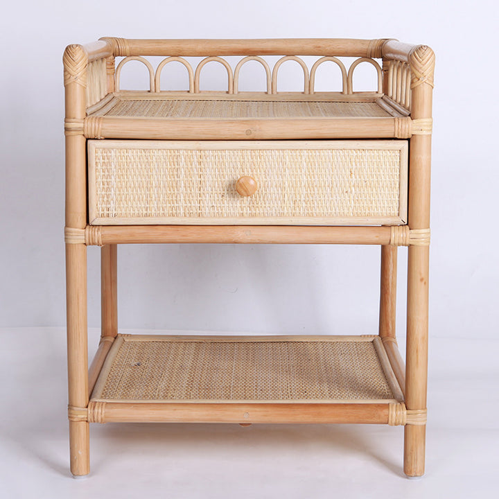 Contemporary Coastal Natural Rattan Handwoven Indonesian Rattan Nightstand - Rectangular Curved Drawer &amp; Open Shelf For Bedroom