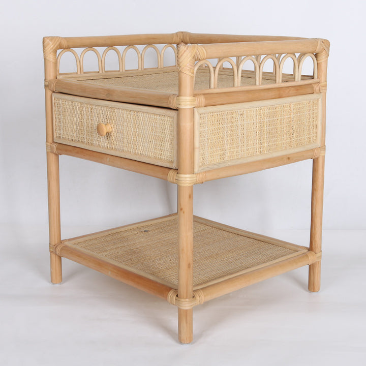 Contemporary Coastal Natural Rattan Handwoven Indonesian Rattan Nightstand - Rectangular Curved Drawer &amp; Open Shelf For Bedroom