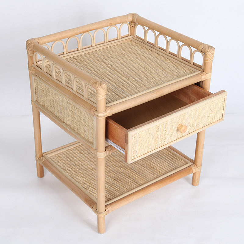 Contemporary Coastal Natural Rattan Handwoven Indonesian Rattan Nightstand - Rectangular Curved Drawer &amp; Open Shelf For Bedroom