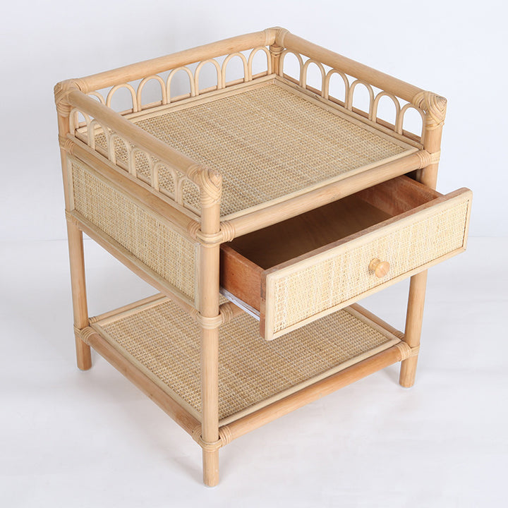 Contemporary Coastal Natural Rattan Handwoven Indonesian Rattan Nightstand - Rectangular Curved Drawer &amp; Open Shelf For Bedroom
