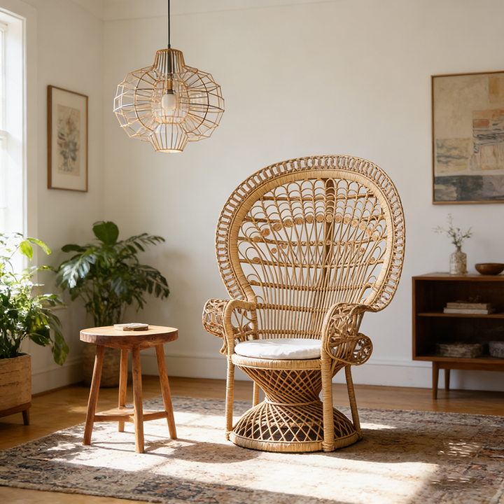 Zeitgenössischer Boho handgewebter indonesischer Rattan-Akzentstuhl - Hochlehner Pfauen-Rattan-Loungesessel mit wasserdichtem Stoffkissen für das Wohnzimmer 