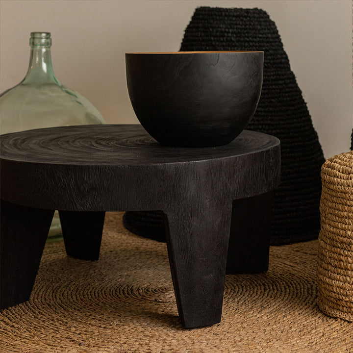 Table basse ronde traditionnelle rustique en bois massif - table sculpturale basse fabriquée à la main pour le salon 