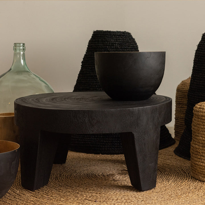 Table basse ronde traditionnelle rustique en bois massif - table sculpturale basse fabriquée à la main pour le salon 