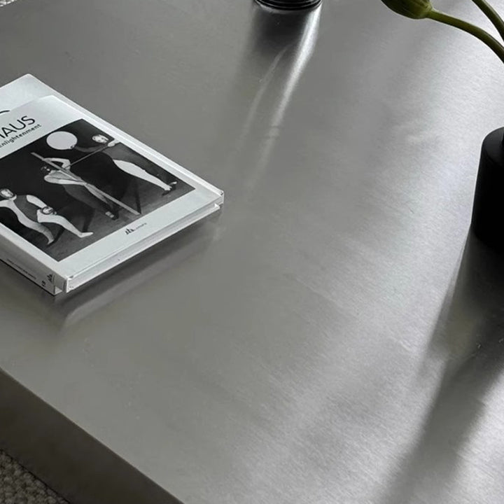 Moderner minimalistischer rechteckiger Couchtisch aus Edelstahl mit niedrigem Profil, 1-stufig, für das Wohnzimmer 