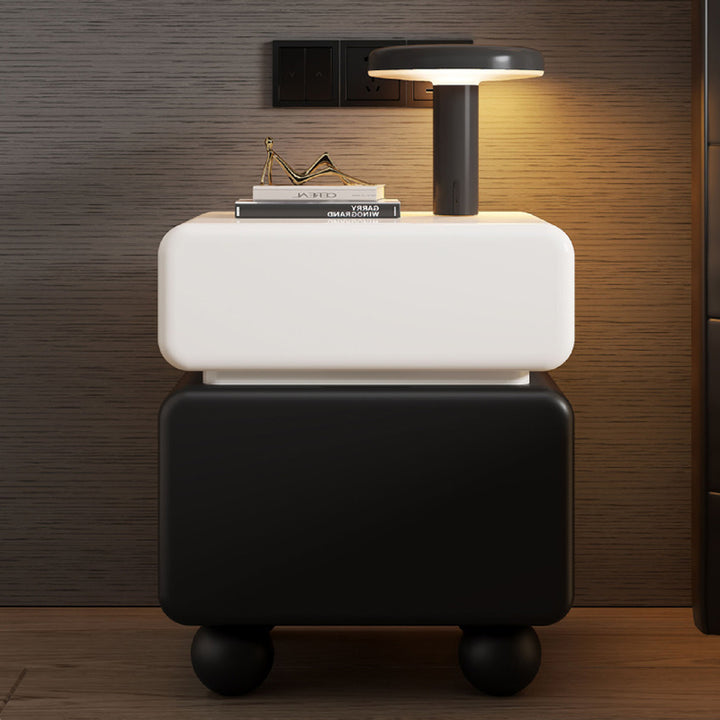 Mesita de noche moderna minimalista rectangular de madera contrachapada multicapa de pino macizo con acero inoxidable y 2 cajones para dormitorio 