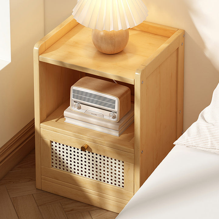 Mesita de noche rectangular tradicional japonesa de fibra de bambú, plástico y ratán con 1 cajón para dormitorio 