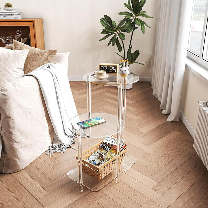 Modern Minimalist Round Cylindrical Acrylic Plastic Nightstand 3-Tier For Bedroom
