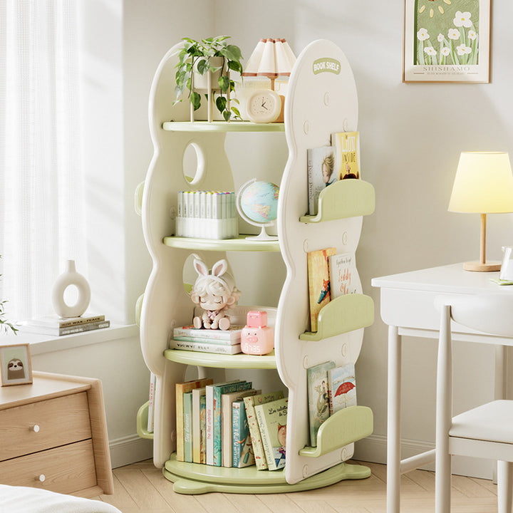 Contemporary Creative Rectangular Christmas Tree HDPE Rotatable Kids Bookshelf 4-Tier For Home Office