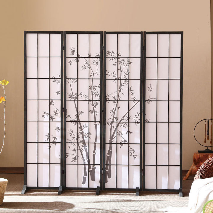 Traditional Japanese Rectangular Non-Woven Fabric Pine Wood Foldable Grid Room Divider For Living Room