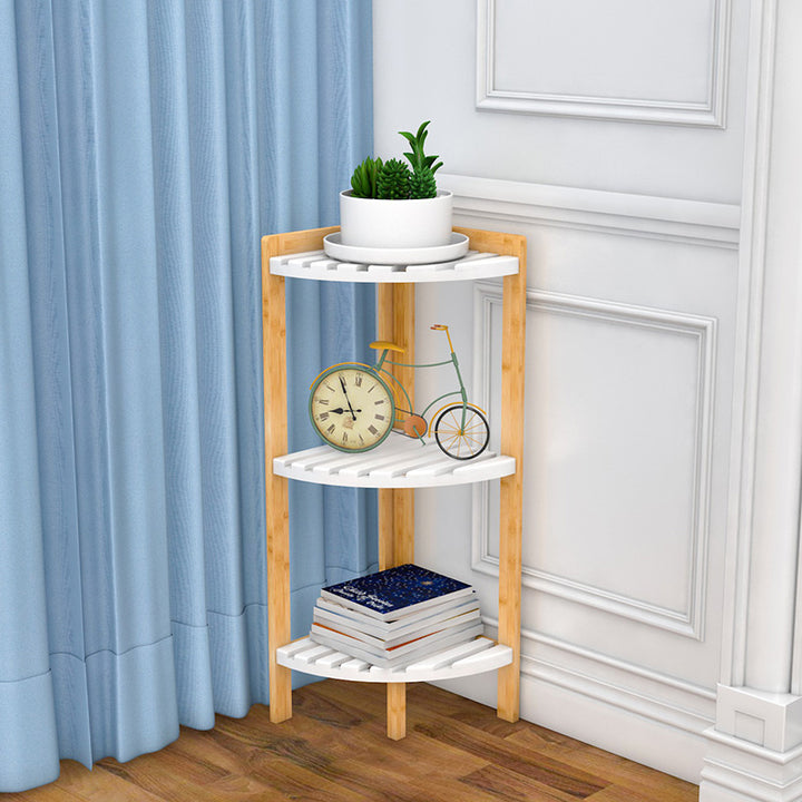 Modern Minimalist Cylindrical Fan-Shaped Medium Density Fiberboard Bamboo Corner Shelf Unit 3-Tier For Living Room