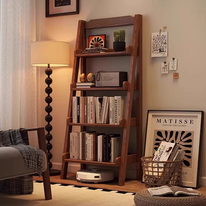 Modern Minimalist Rectangular Ladder Pine Wood Display Rack 4-Tier For Living Room