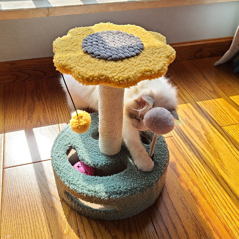 Zeitgenössischer kreativer blumenförmiger zylindrischer Spanplattensisal Seil Teddy Plüsch drehbarer Kratzbaum für das Schlafzimmer 