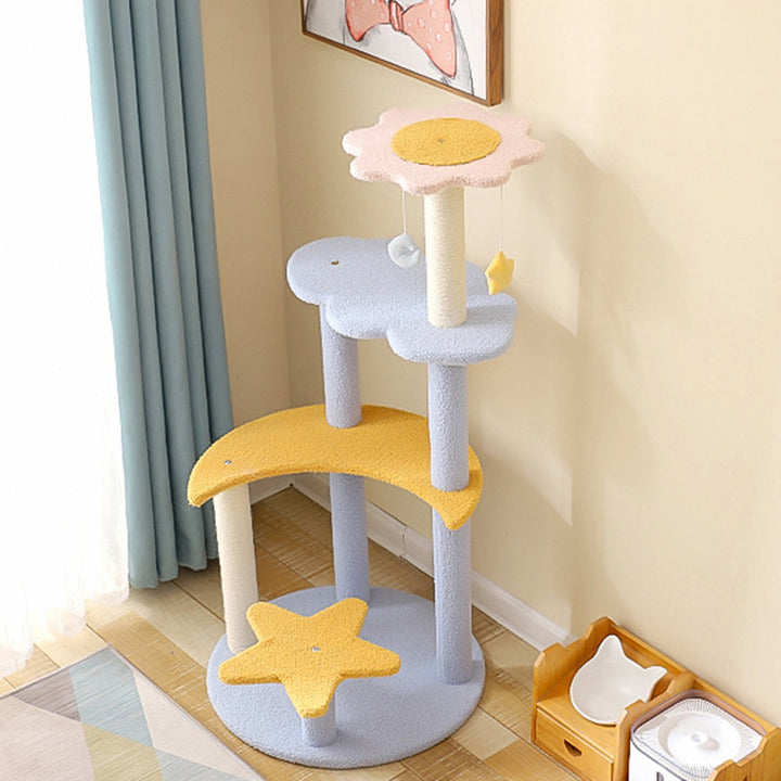 Zeitgenössischer kreativer zylindrischer Stern- & Mond-Design-Teddy-Plüsch-Mitteldichte-Faserplatte-Hanfseil-Kratzbaum für Schlafzimmer 