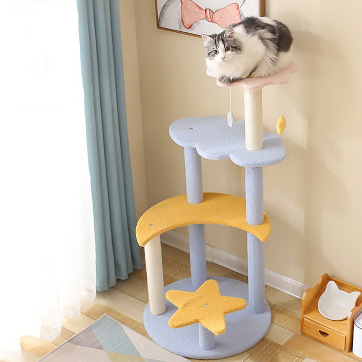 Zeitgenössischer kreativer zylindrischer Stern- & Mond-Design-Teddy-Plüsch-Mitteldichte-Faserplatte-Hanfseil-Kratzbaum für Schlafzimmer 