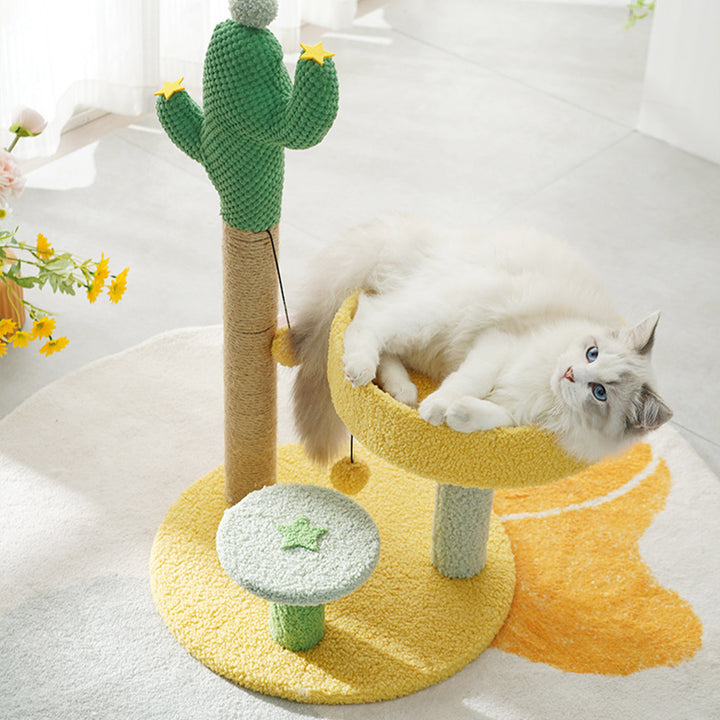 Contemporary Creative Cylindrical Cactus Particleboard Teddy Velvet Sisal Rope Cat Tree For Bedroom