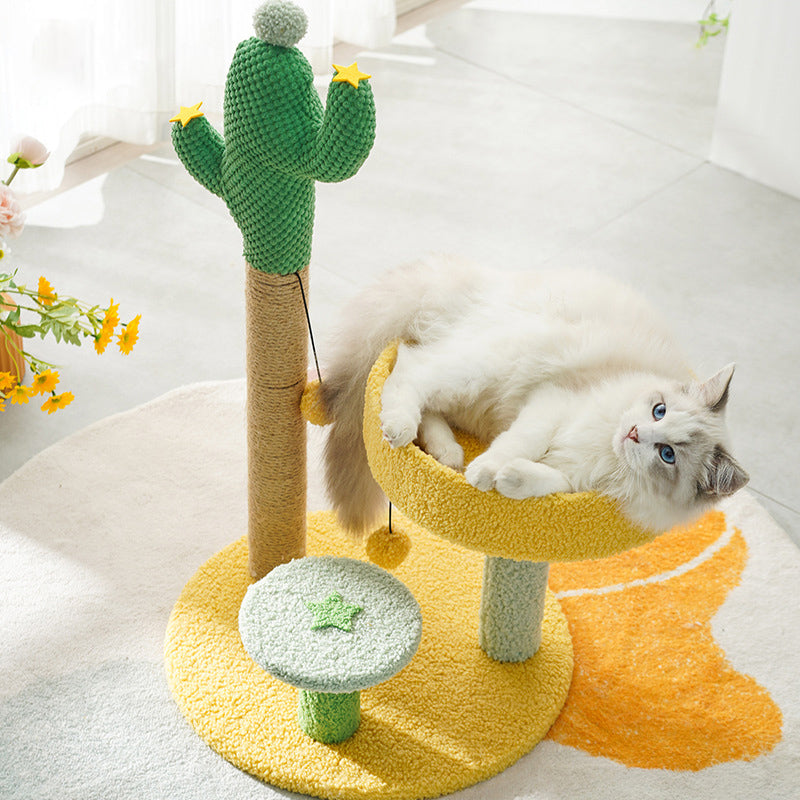 Contemporary Creative Cylindrical Cactus Particleboard Teddy Velvet Sisal Rope Cat Tree For Bedroom