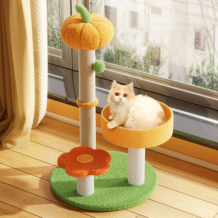 Contemporary Creative Cylindrical Pumpkin Bee Flower Design Teddy Plush PVC Sisal Rope Cat Tree For Bedroom