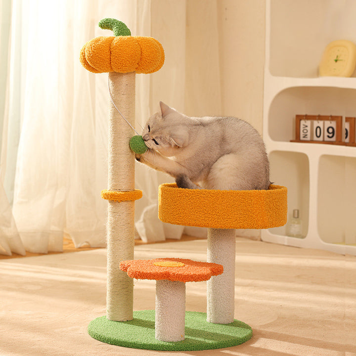 Contemporary Creative Cylindrical Pumpkin Bee Flower Design Teddy Plush PVC Sisal Rope Cat Tree For Bedroom