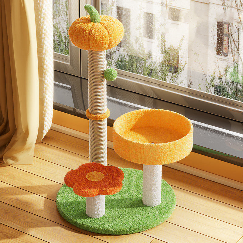 Contemporary Creative Cylindrical Pumpkin Bee Flower Design Teddy Plush PVC Sisal Rope Cat Tree For Bedroom