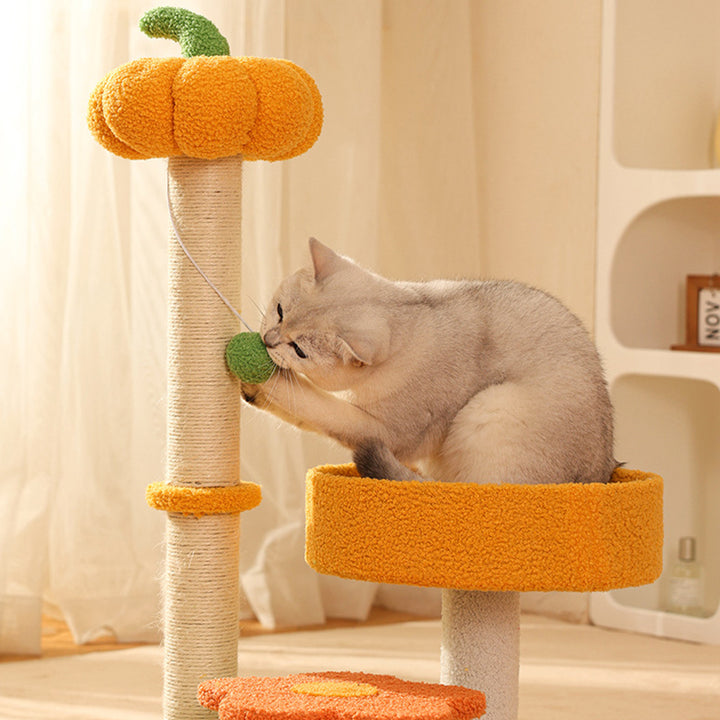 Contemporary Creative Cylindrical Pumpkin Bee Flower Design Teddy Plush PVC Sisal Rope Cat Tree For Bedroom