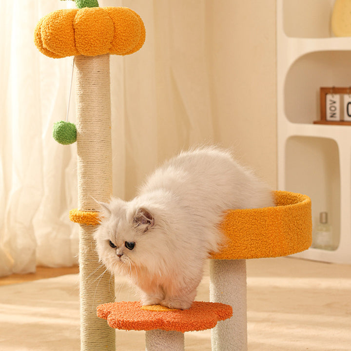 Contemporary Creative Cylindrical Pumpkin Bee Flower Design Teddy Plush PVC Sisal Rope Cat Tree For Bedroom