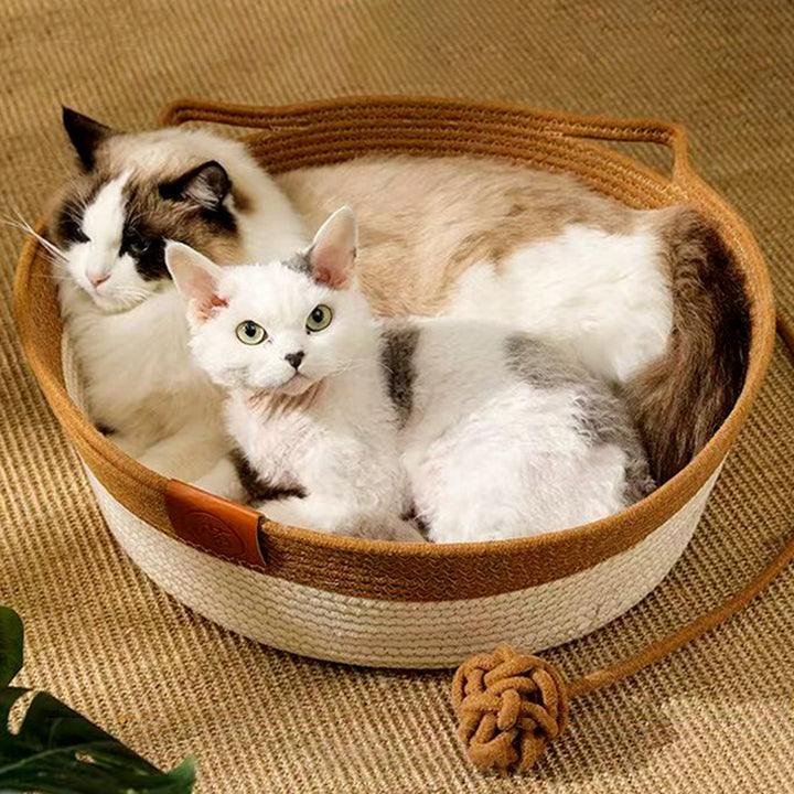 Zeitgenössisches kreatives rundes katzenförmiges Haustierbett aus Jutefaser für das Schlafzimmer 