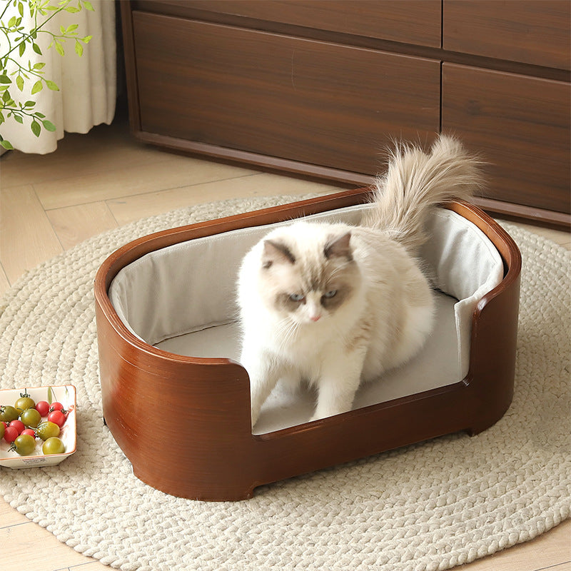 Modern Minimalist Rectangular Cotton-Linen Solid Wood Integrated Dog Bed &amp; Cat Bed For Bedroom