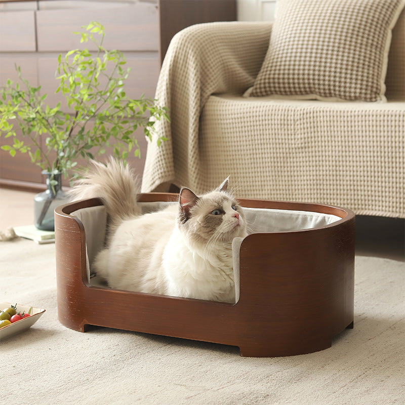 Modern Minimalist Rectangular Cotton-Linen Solid Wood Integrated Dog Bed &amp; Cat Bed For Bedroom