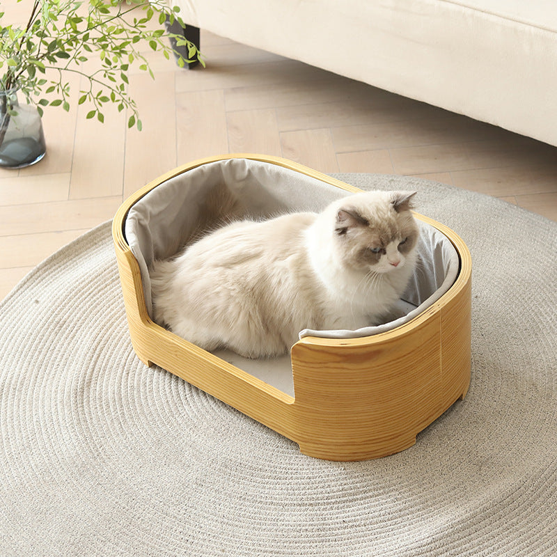 Modern Minimalist Rectangular Cotton-Linen Solid Wood Integrated Dog Bed &amp; Cat Bed For Bedroom
