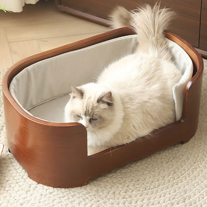 Modern Minimalist Rectangular Cotton-Linen Solid Wood Integrated Dog Bed &amp; Cat Bed For Bedroom