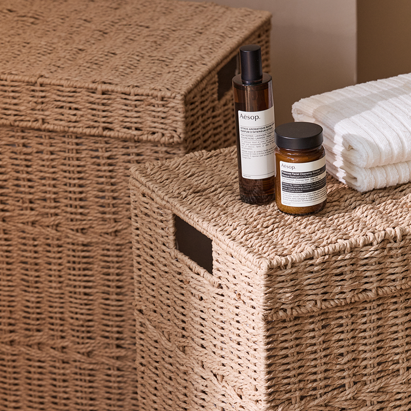 Traditional Japanese Rectangular Handmade Paper Rope Steel Storage Basket Cabinet 1-Storage For Living Room &amp; Bedroom