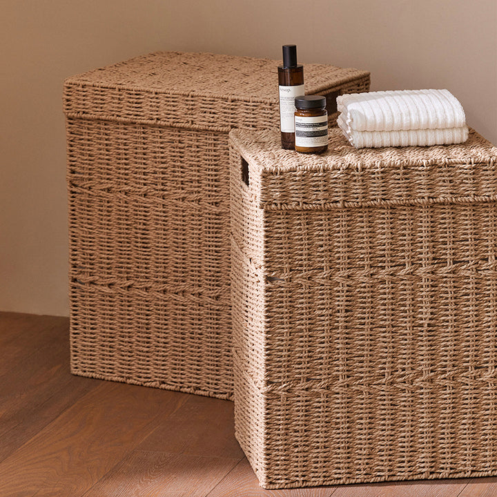 Traditional Japanese Rectangular Handmade Paper Rope Steel Storage Basket Cabinet 1-Storage For Living Room & Bedroom