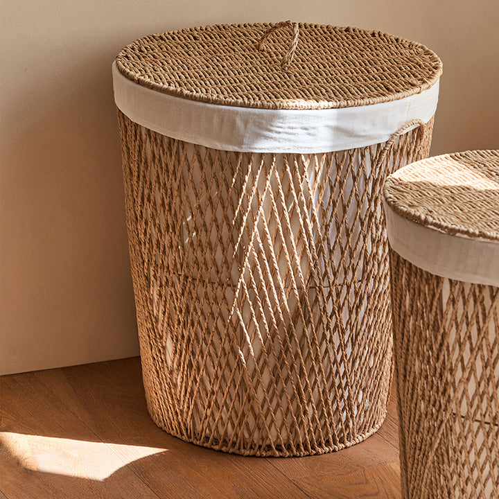 Traditioneller japanischer zylindrischer handgefertigter Papierseil-Stahl-Aufbewahrungskorb-Schrank 1-Aufbewahrung für Wohnzimmer & Schlafzimmer 