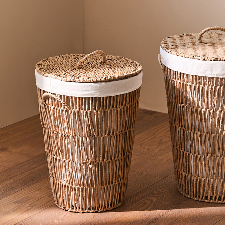 Panier de rangement en acier et corde de papier japonais cylindrique traditionnel fait main avec poignée, 1 compartiment, pour salon et chambre 