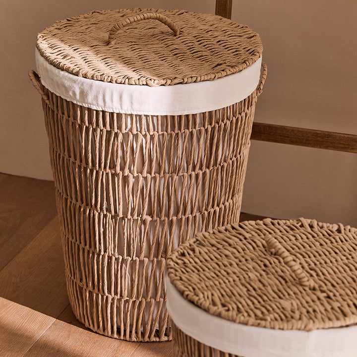 Panier de rangement en acier et corde de papier japonais cylindrique traditionnel fait main avec poignée, 1 compartiment, pour salon et chambre 
