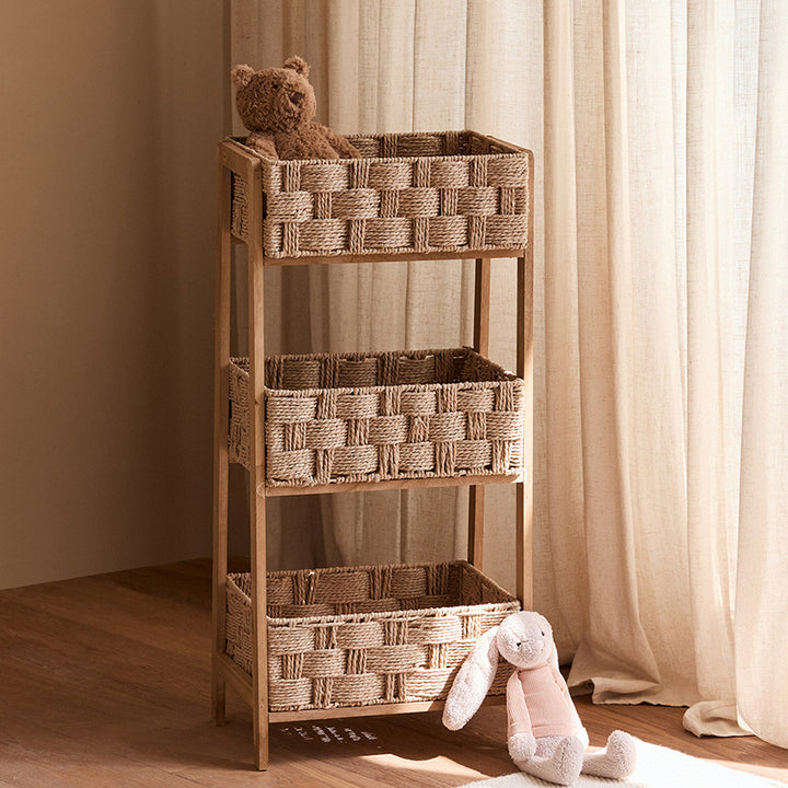 Contemporary Nordic Rectangular Pine Paper Cord Storage Shelf 3-Tier For Living Room