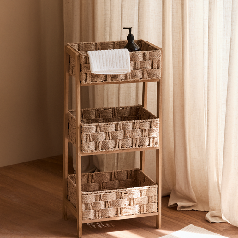 Contemporary Nordic Rectangular Pine Paper Cord Storage Shelf 3-Tier For Living Room