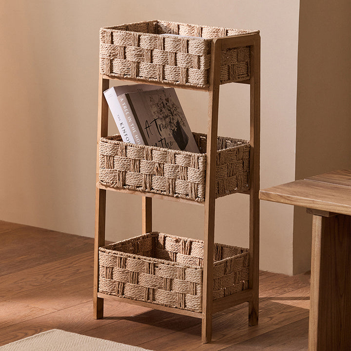 Contemporary Nordic Rectangular Pine Paper Cord Storage Shelf 3-Tier For Living Room