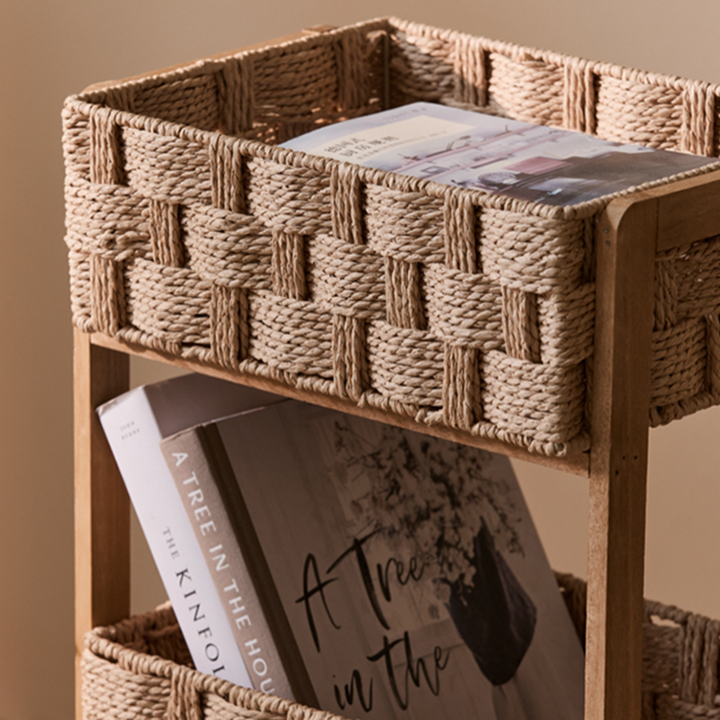 Contemporary Nordic Rectangular Pine Paper Cord Storage Shelf 3-Tier For Living Room