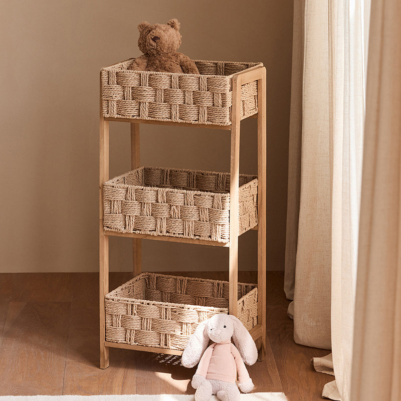 Contemporary Nordic Rectangular Pine Paper Cord Storage Shelf 3-Tier For Living Room