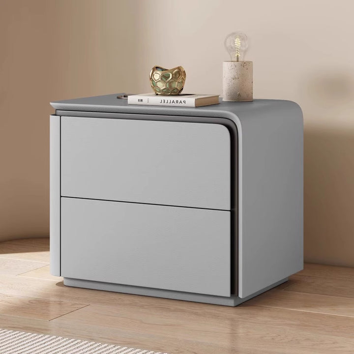 Table de chevet moderne minimaliste rectangulaire en similicuir microfibre avec panneau en cristal de carbone et bois massif, 2 tiroirs, pour chambre à coucher 