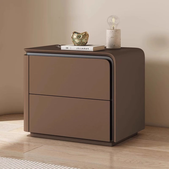 Table de chevet moderne minimaliste rectangulaire en similicuir microfibre avec panneau en cristal de carbone et bois massif, 2 tiroirs, pour chambre à coucher 
