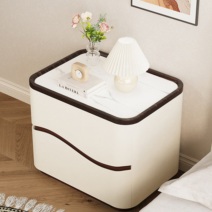 Table de chevet moderne minimaliste rectangulaire en cuir effet griffe de chat, plateau en pierre, pin massif, à 2 tiroirs pour chambre à coucher 