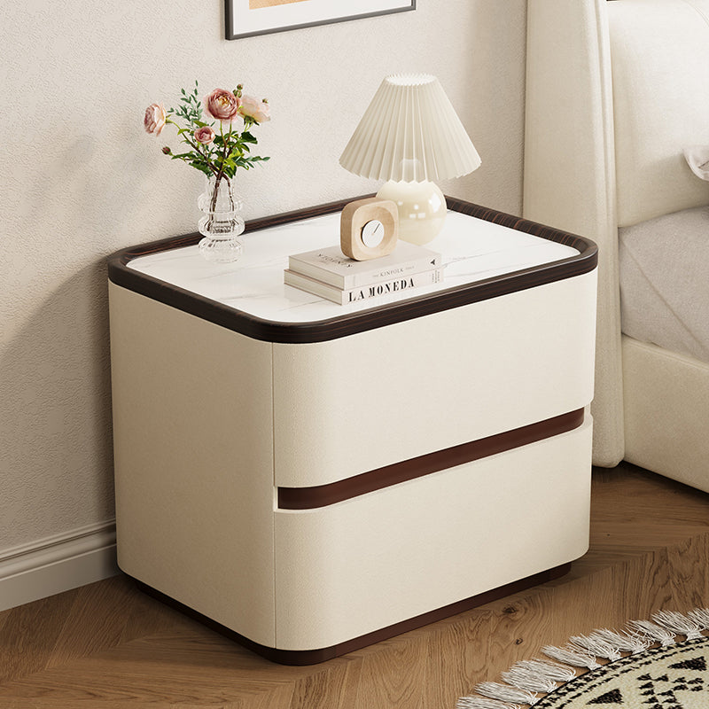 Table de chevet moderne minimaliste rectangulaire en cuir effet griffe de chat, plateau en pierre, pin massif, à 2 tiroirs pour chambre à coucher 